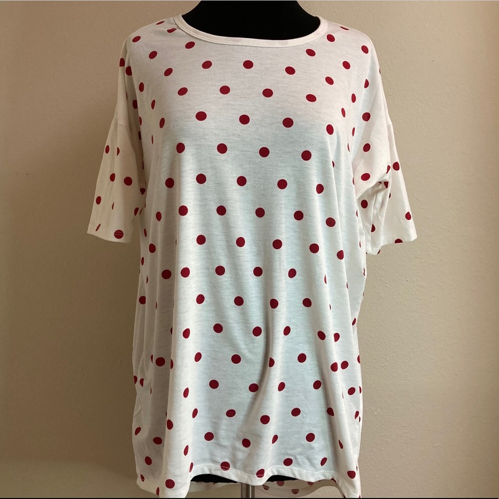 LulaRoe White and Red Polka Dot Irma Tee Shirt